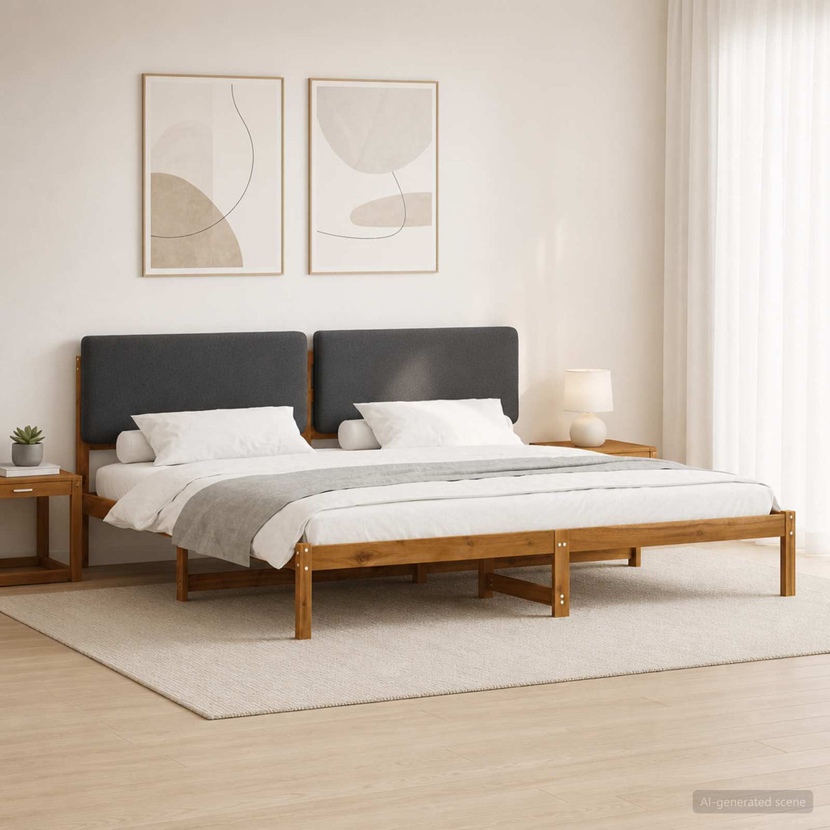Bed Frame with Upholstered Headboard Natural and Dark Grey