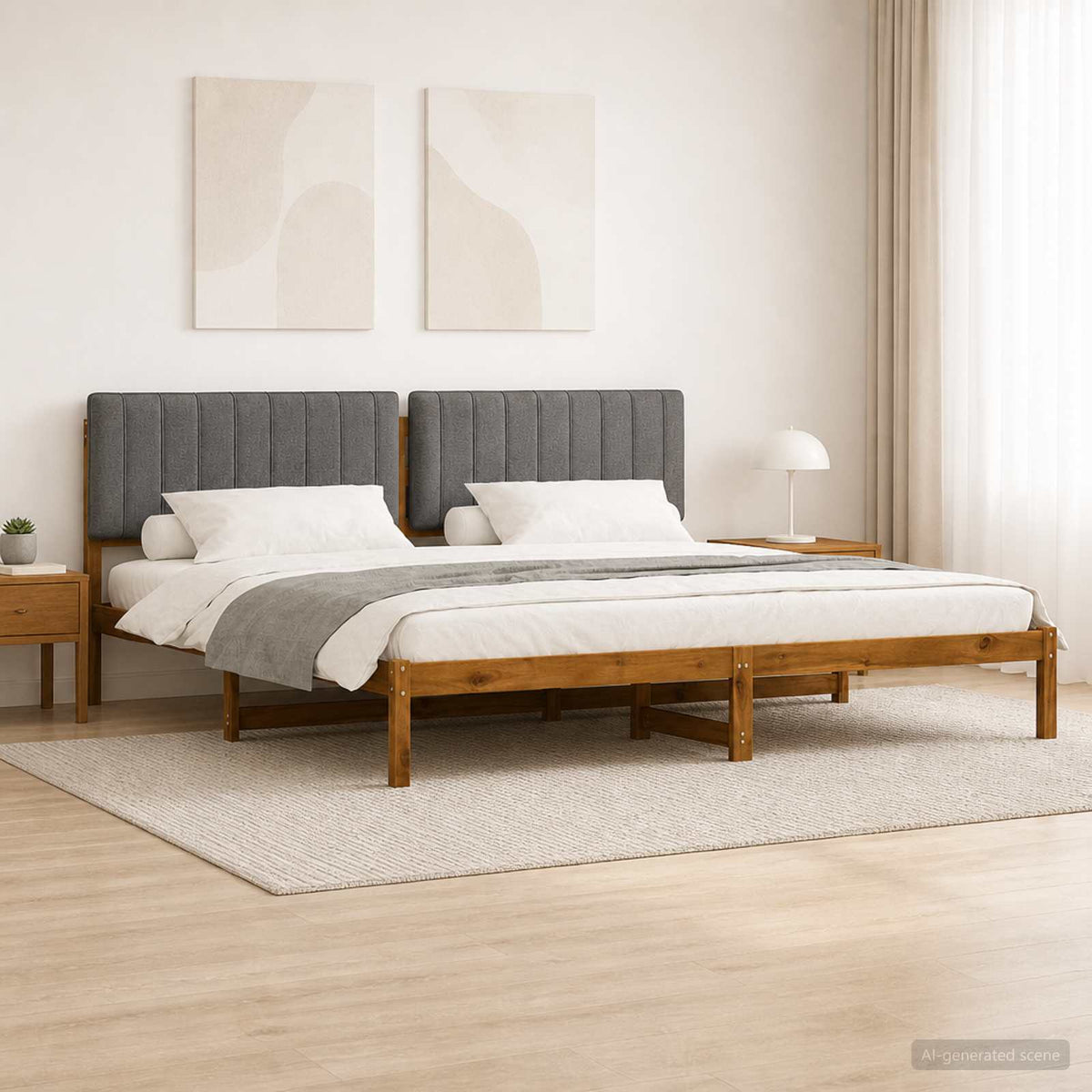 Bed Frame with Upholstered Headboard Natural and Light Grey