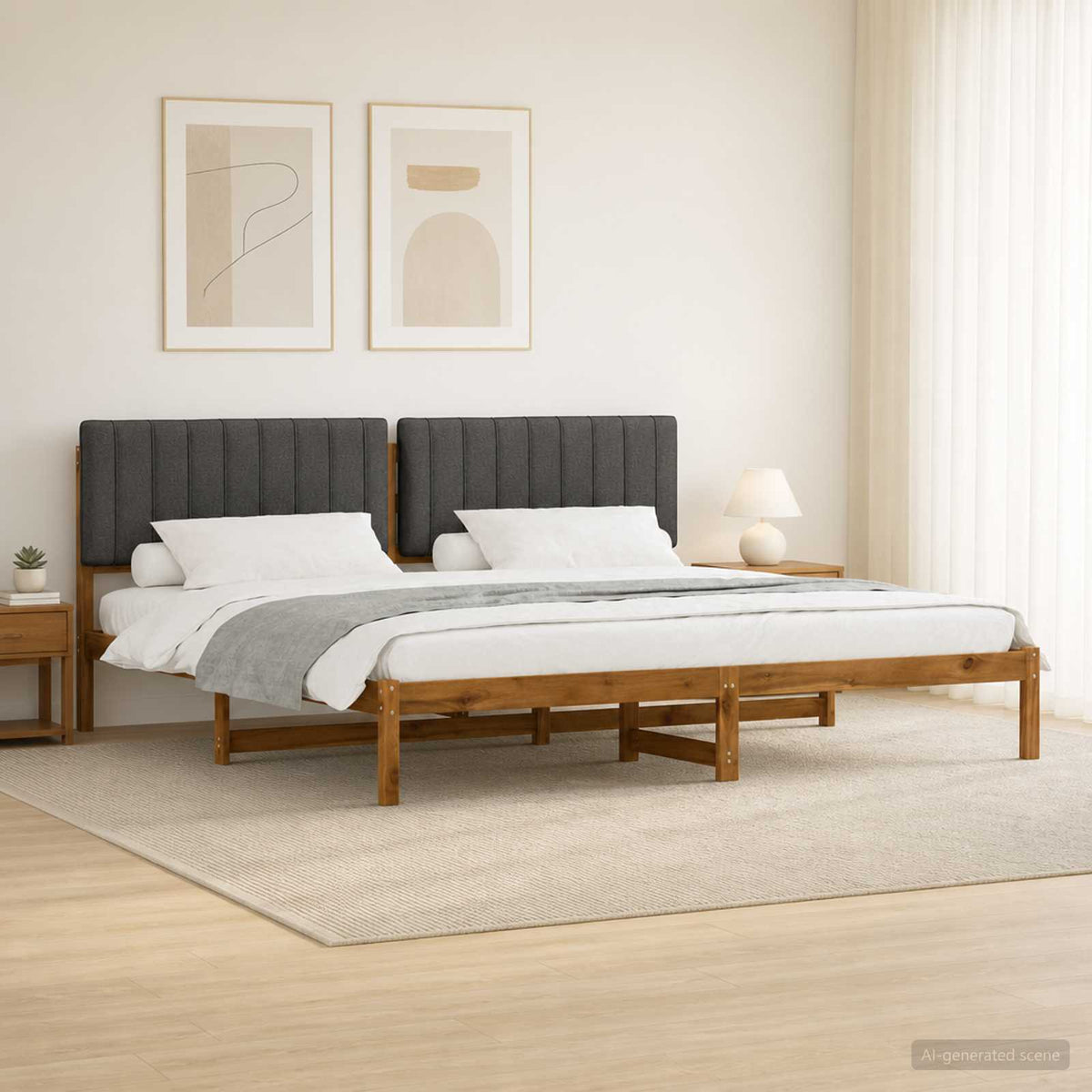 Bed Frame with Upholstered Headboard Natural and Dark Grey