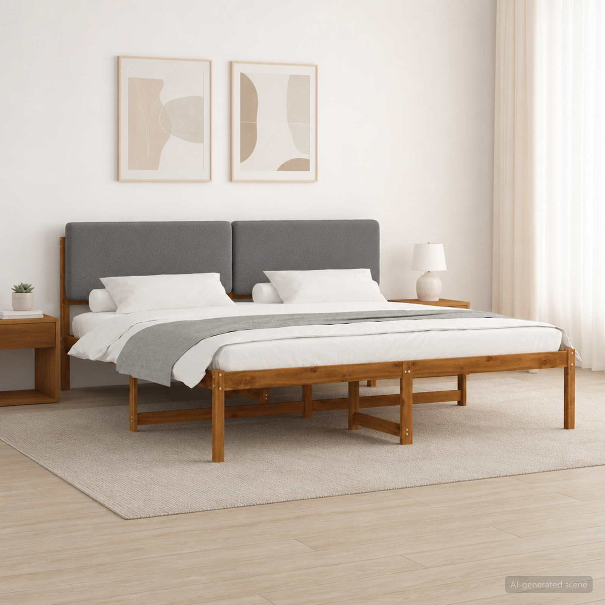 Bed Frame with Upholstered Headboard Natural and Light Grey