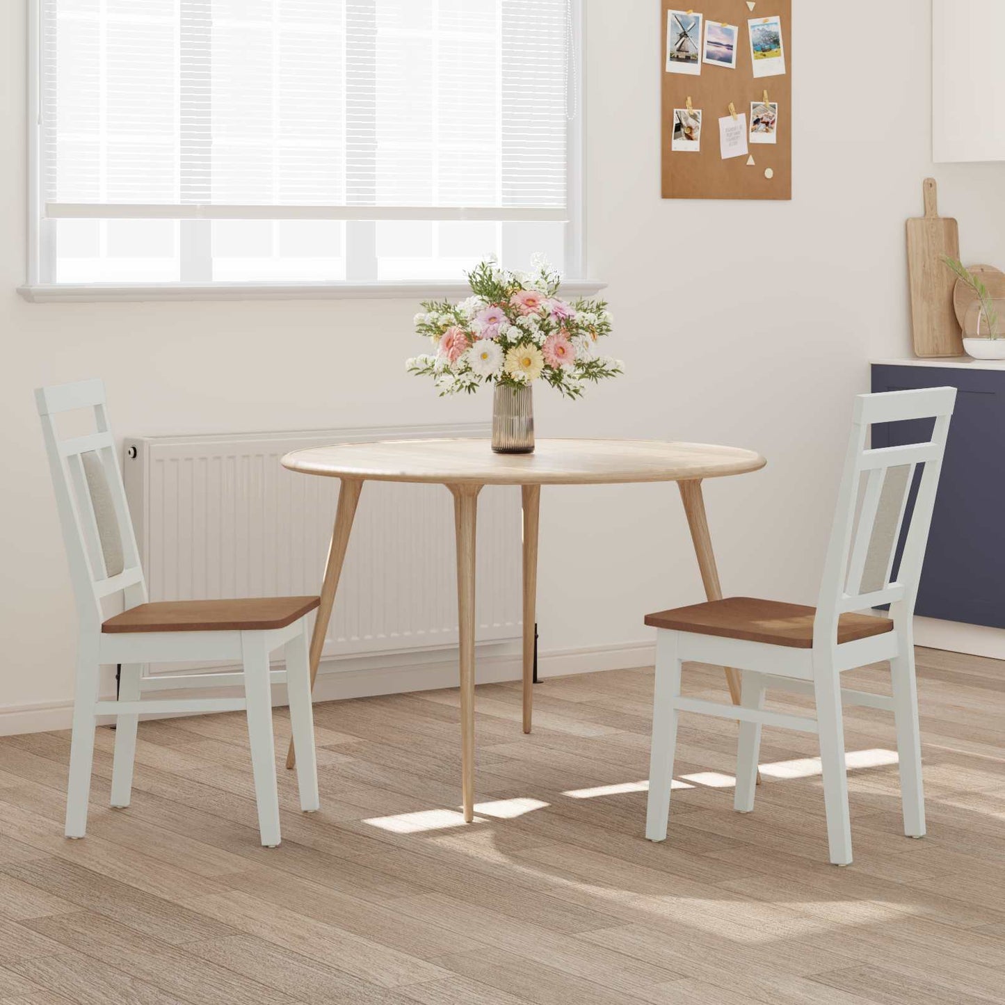 Dining Chair 2 pcs White and Natural Solid Rubber Wood