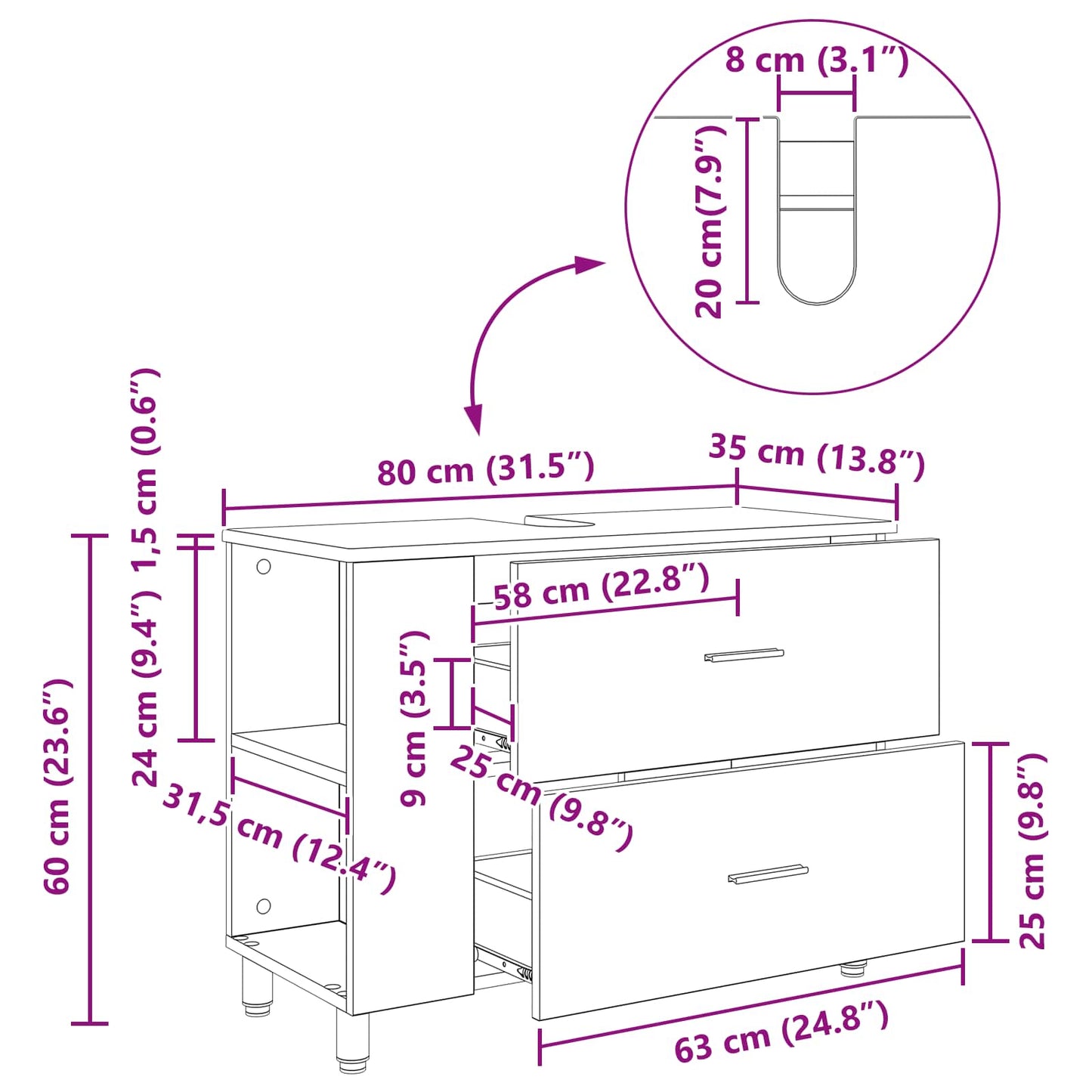 Bathroom Vanity Unit Smoked Oak 80 x 35 x 60 cm Engineered Wood