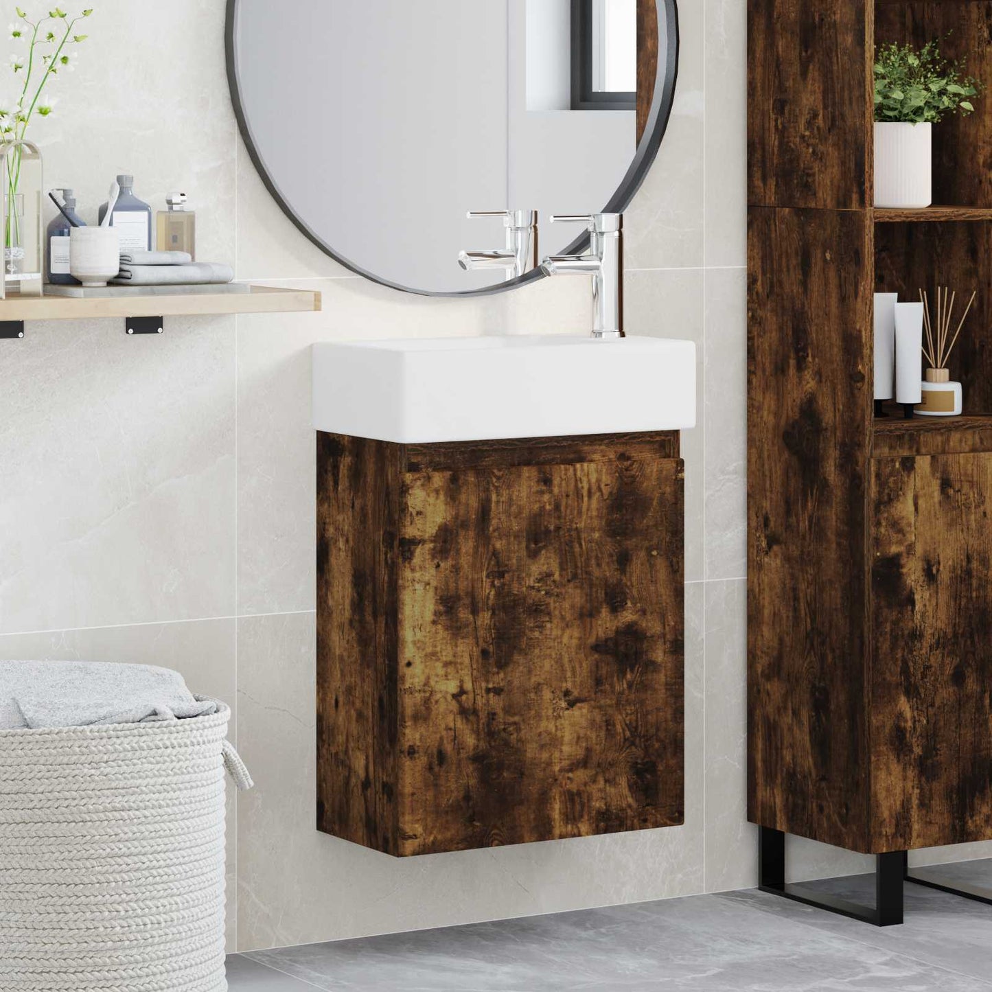 Bathroom Vanity Unit with Tap Smoked Oak 45.5 x 22.5 x 84 cm