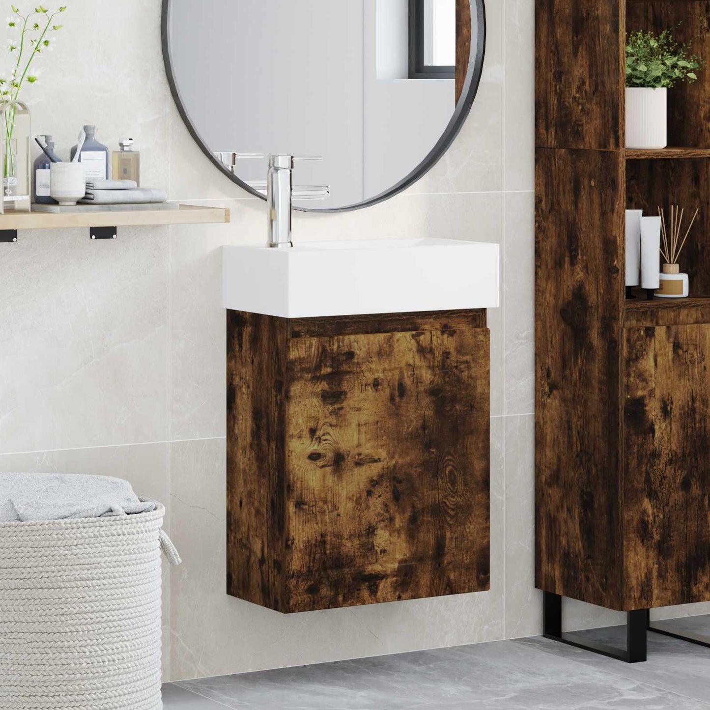 Bathroom Vanity Unit with Tap Smoked Oak 45.5 x 25.5 x 84 cm
