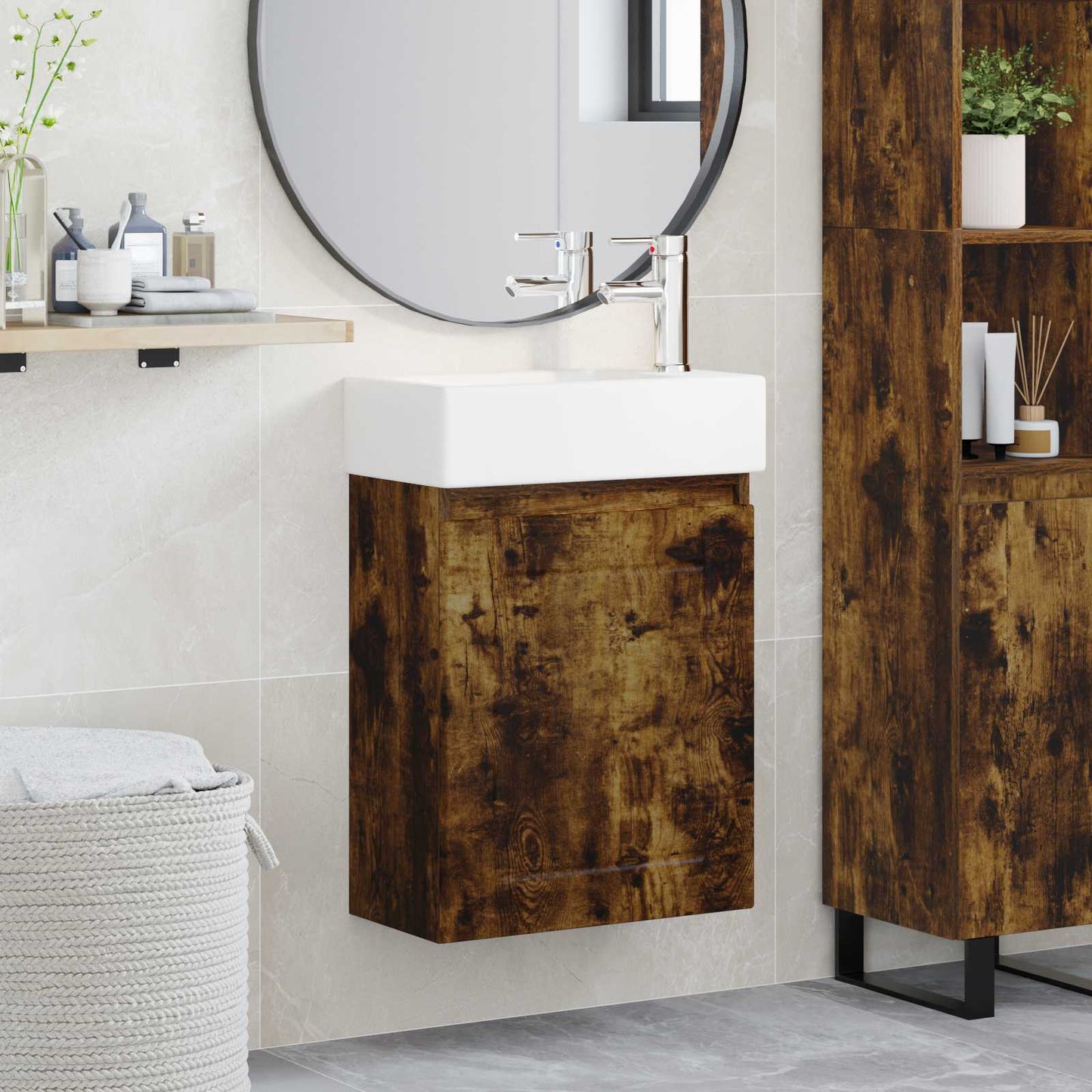 Bathroom Vanity Unit with Tap Smoked Oak 45.5 x 25.5 x 84 cm