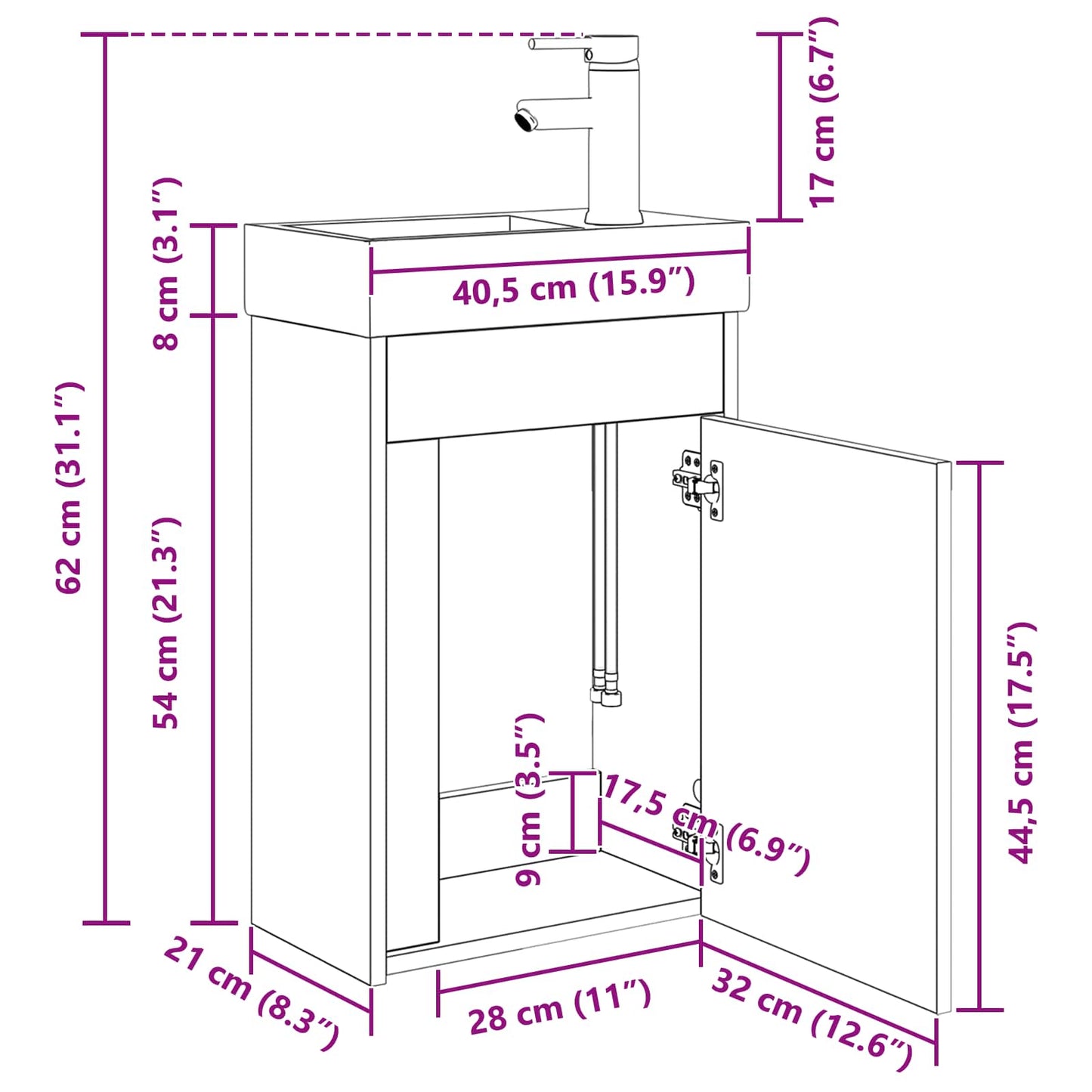 Bathroom Vanity Unit with Tap White 40.5 x 22.5 x 62 cm
