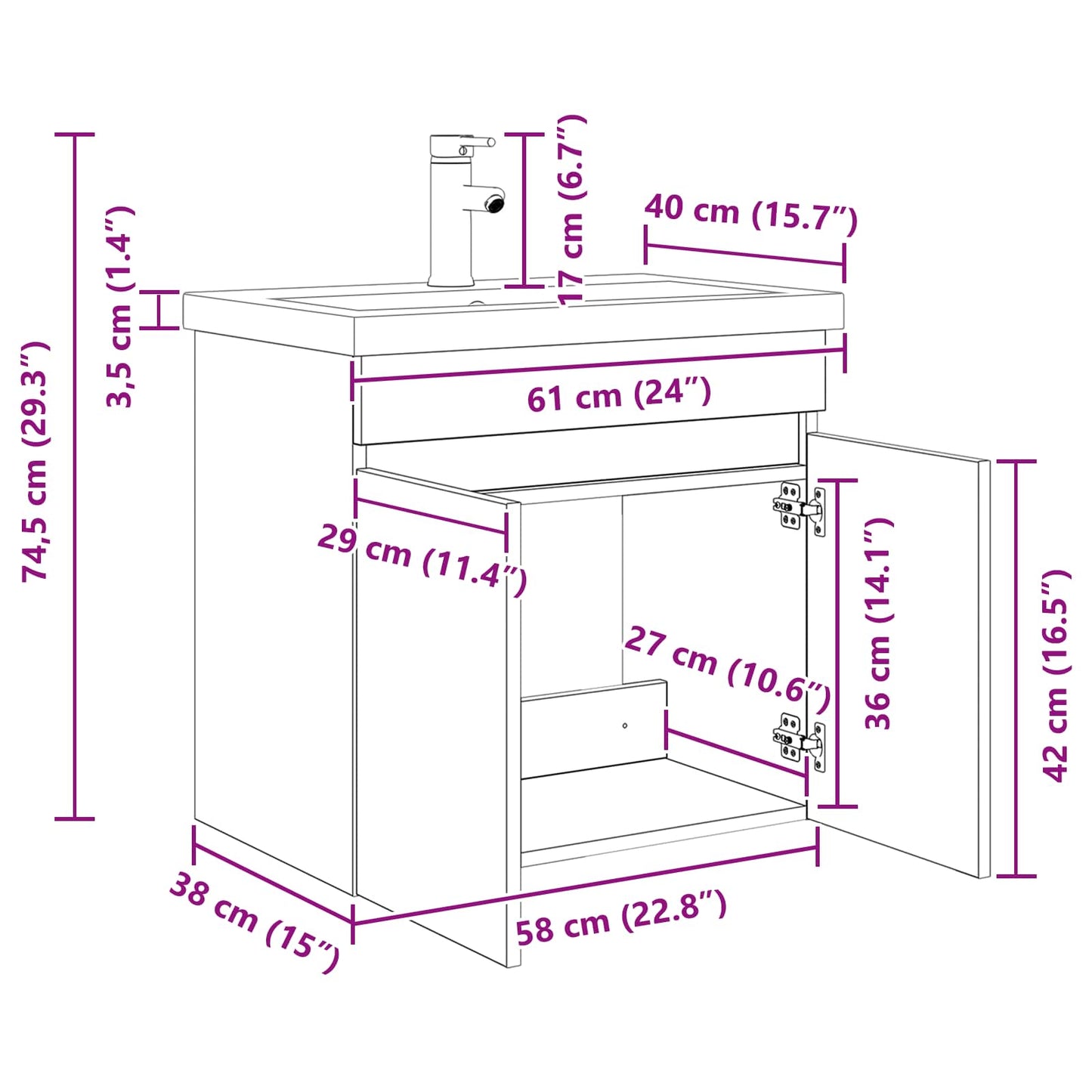 Bathroom Vanity Unit with Tap White 61 x 40 x 74.5 cm