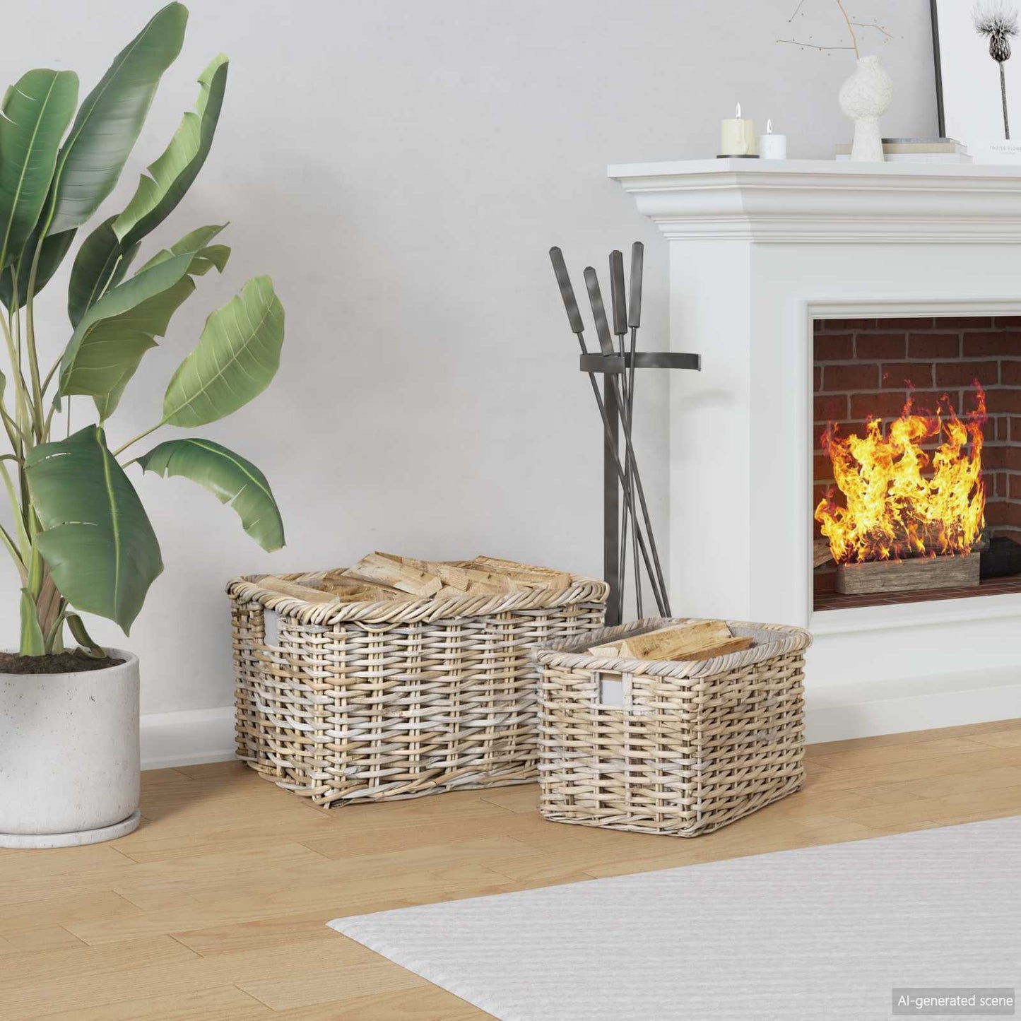 Firewood Basket 2 pcs Natural Grey Kubu Rattan