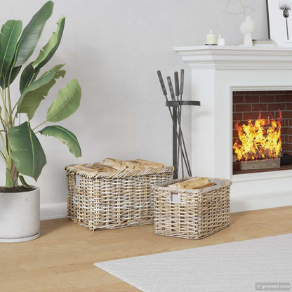 Firewood Basket 2 pcs Natural Grey Kubu Rattan