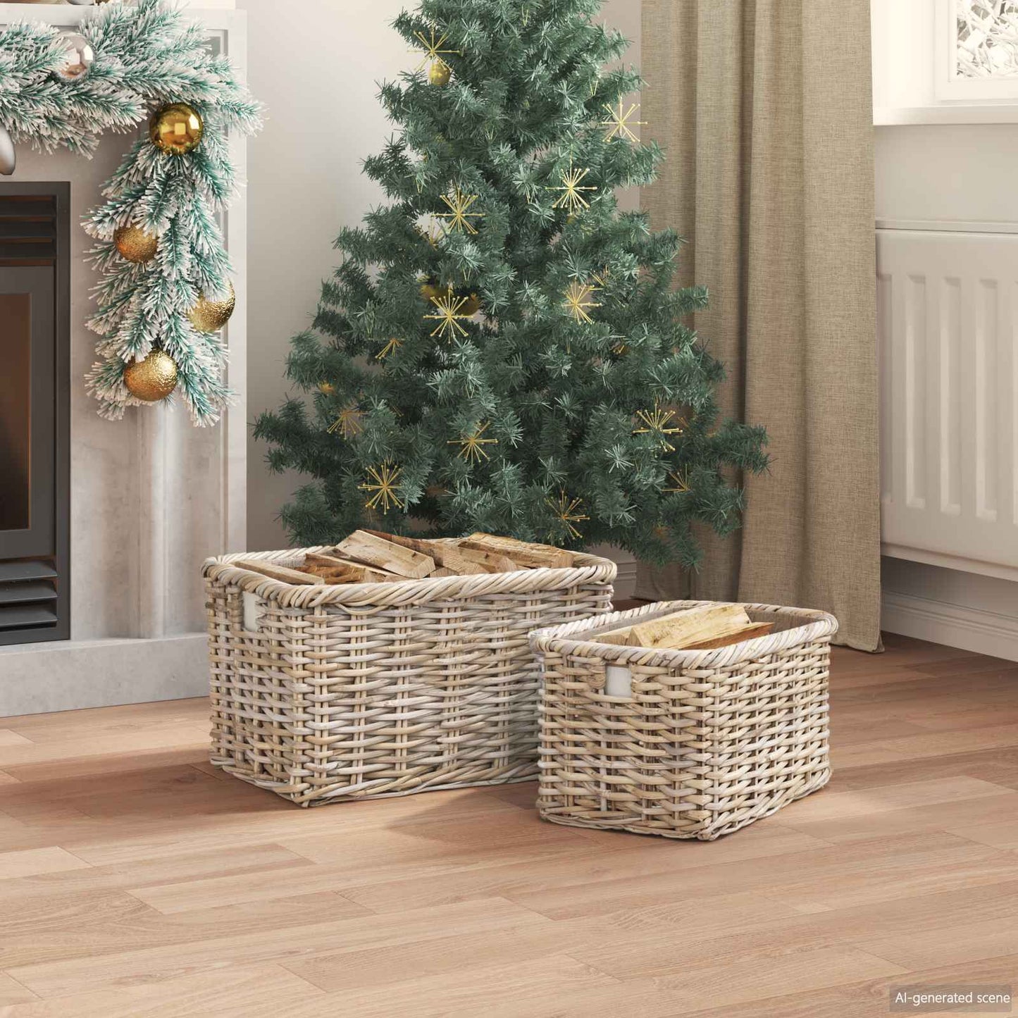 Firewood Basket 2 pcs Natural Grey Kubu Rattan