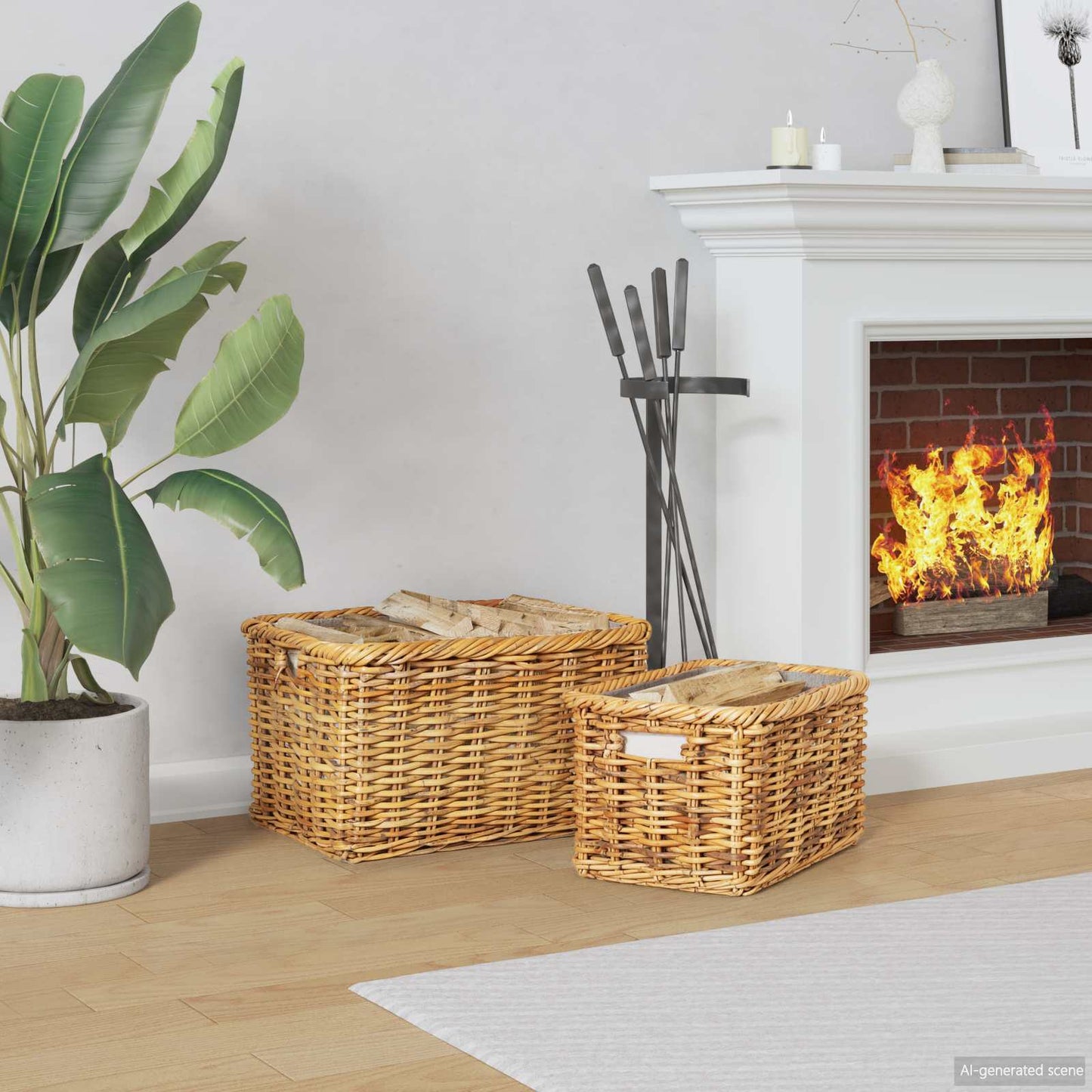Firewood Basket 2 pcs Natural Brown Kubu Rattan