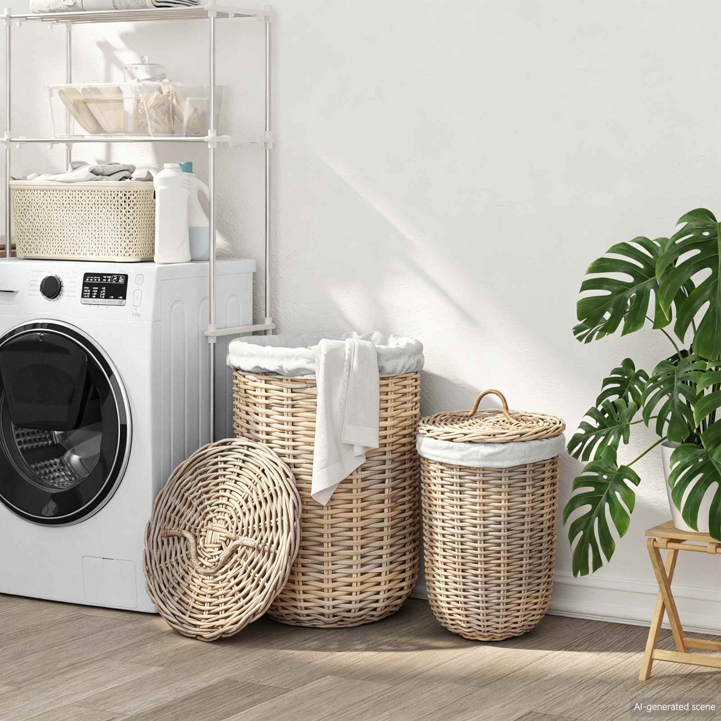 Laundry Basket with Lid 2 pcs Natural Grey Kubu Rattan