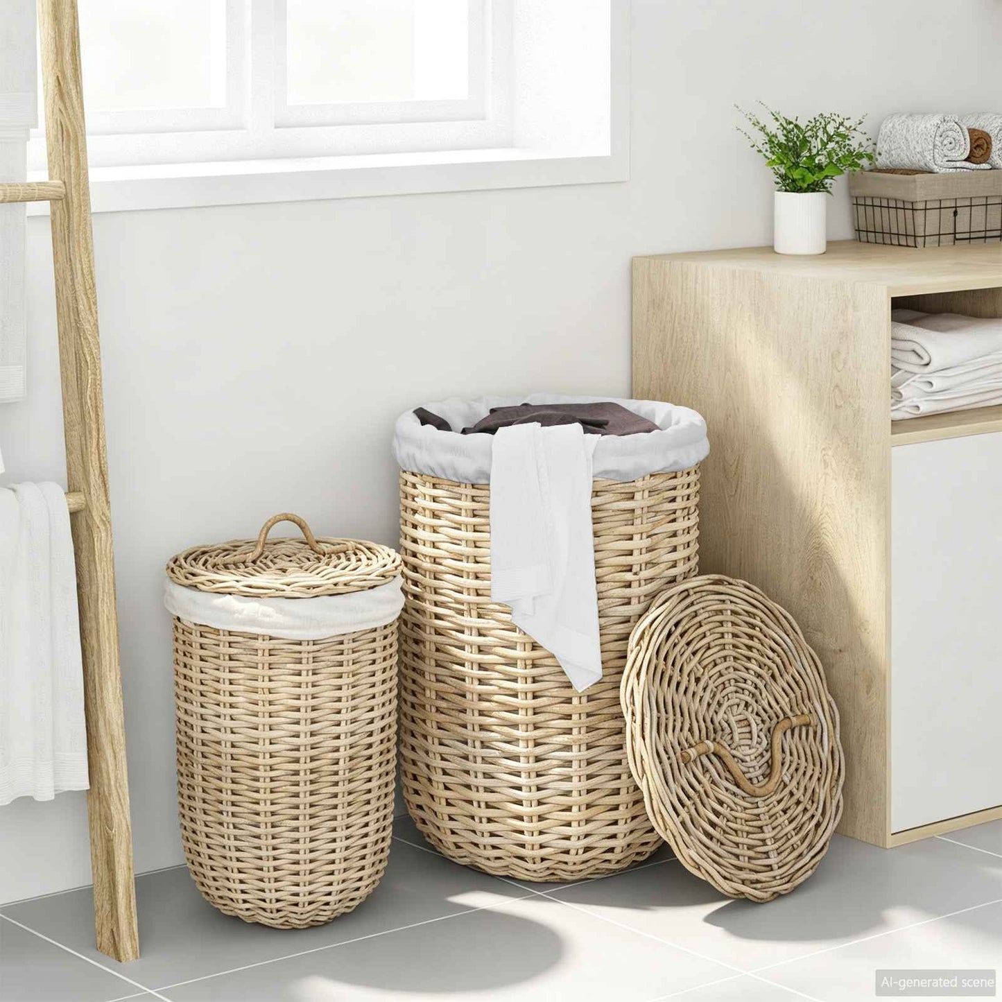 Laundry Basket with Lid 2 pcs Natural Grey Kubu Rattan