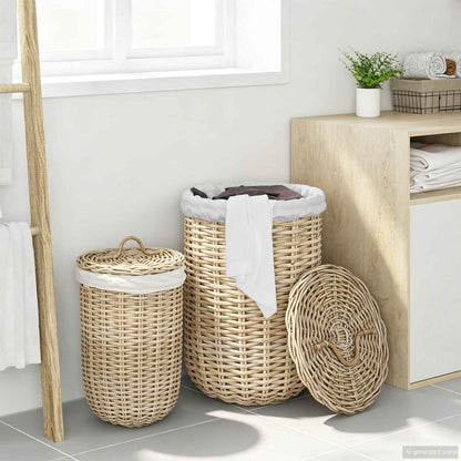 Laundry Basket with Lid 2 pcs Natural Grey Kubu Rattan