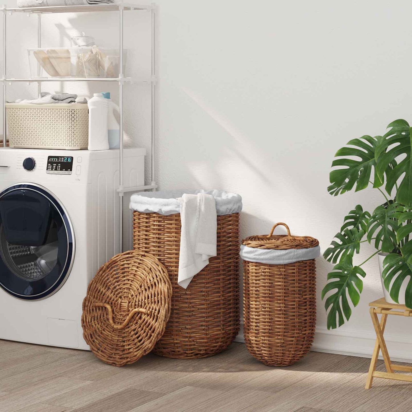 Laundry Basket with Lid 2 pcs Natural Brown Kubu Rattan