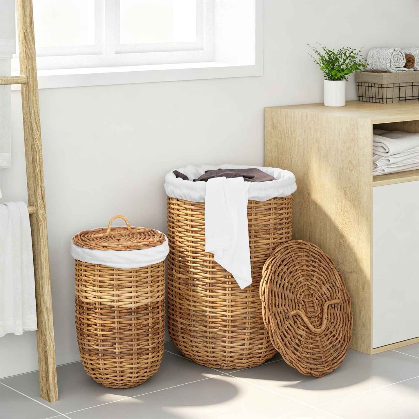 Laundry Basket with Lid 2 pcs Natural Brown Kubu Rattan
