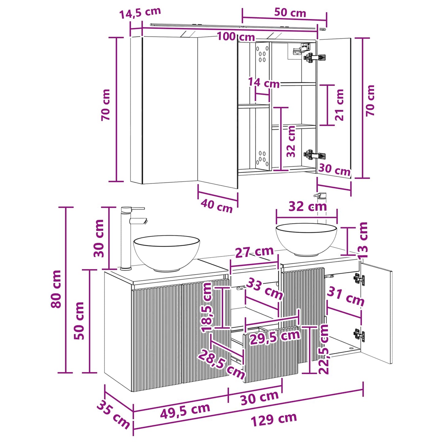 Bathroom Cabinet Set 4 pcs Concrete Grey 100 x 14.5 x 70 cm