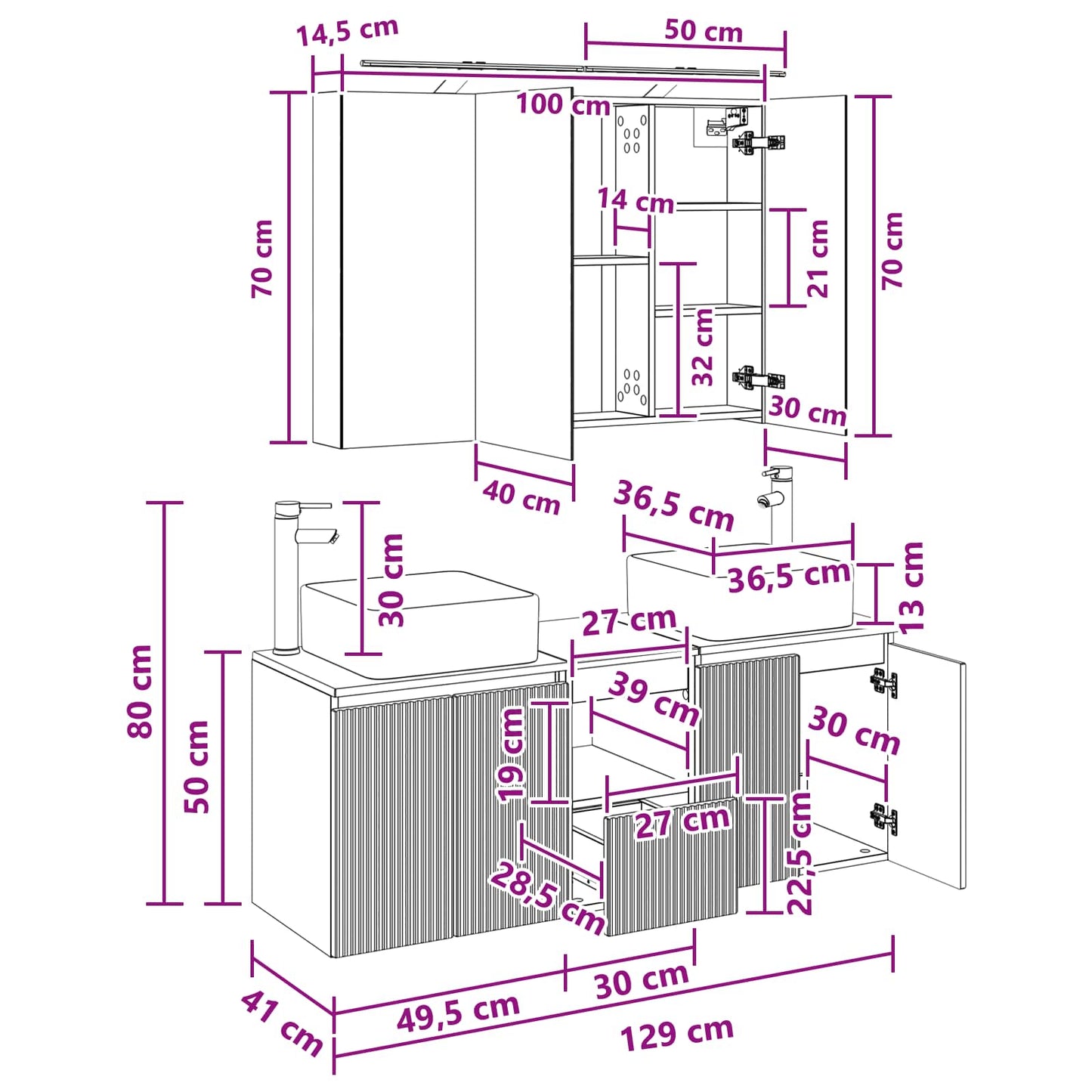 Bathroom Cabinet Set 4 pcs Concrete Grey 100 x 14.5 x 70 cm