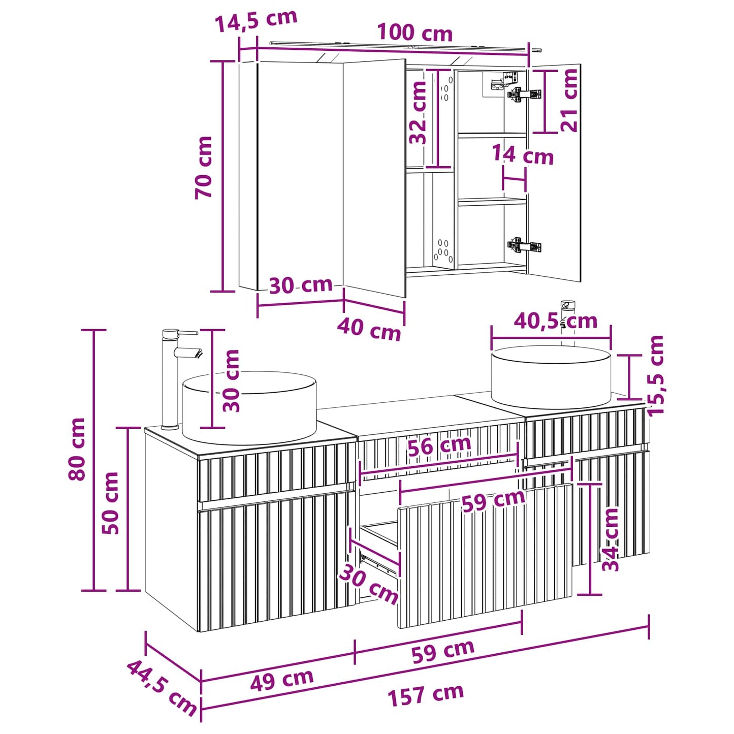 Bathroom Cabinet Set 4 pcs Concrete Grey 100 x 14.5 x 70 cm