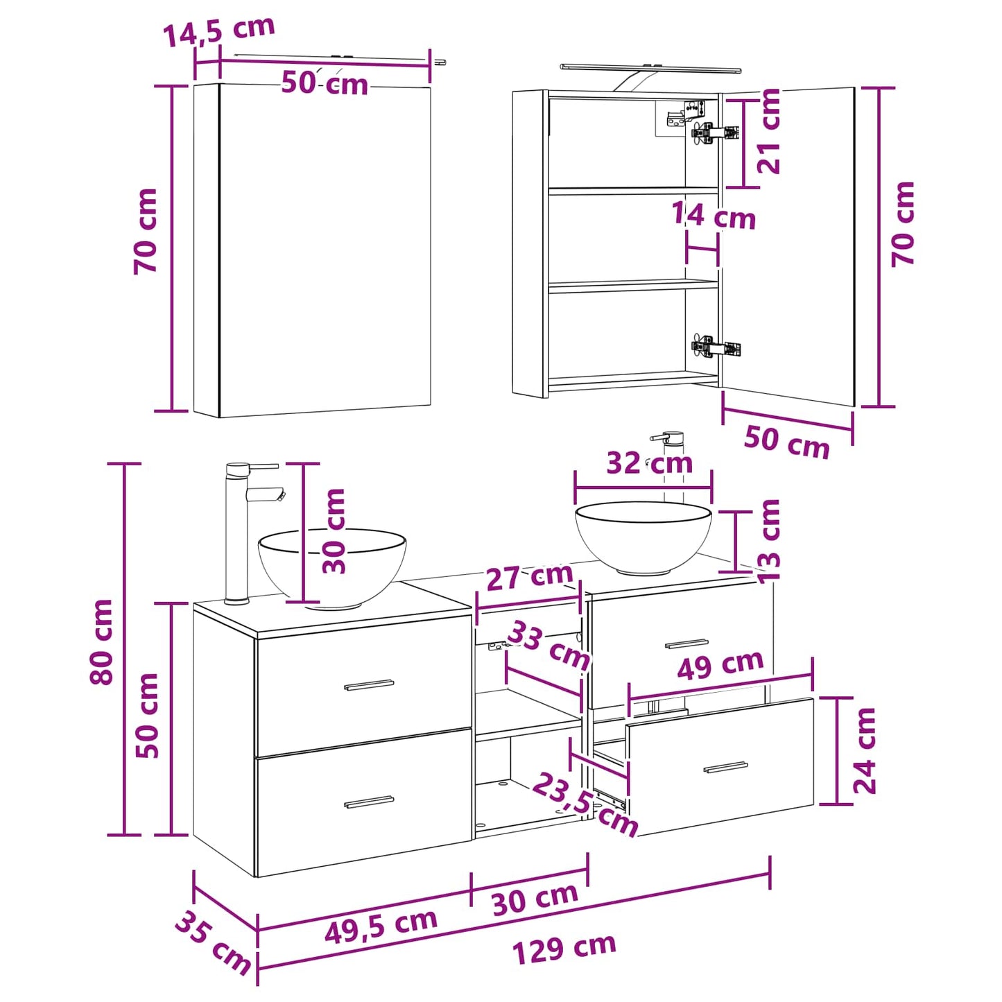 Bathroom Cabinet Set 5 pcs Black Oak 50 x 14.5 x 70 cm