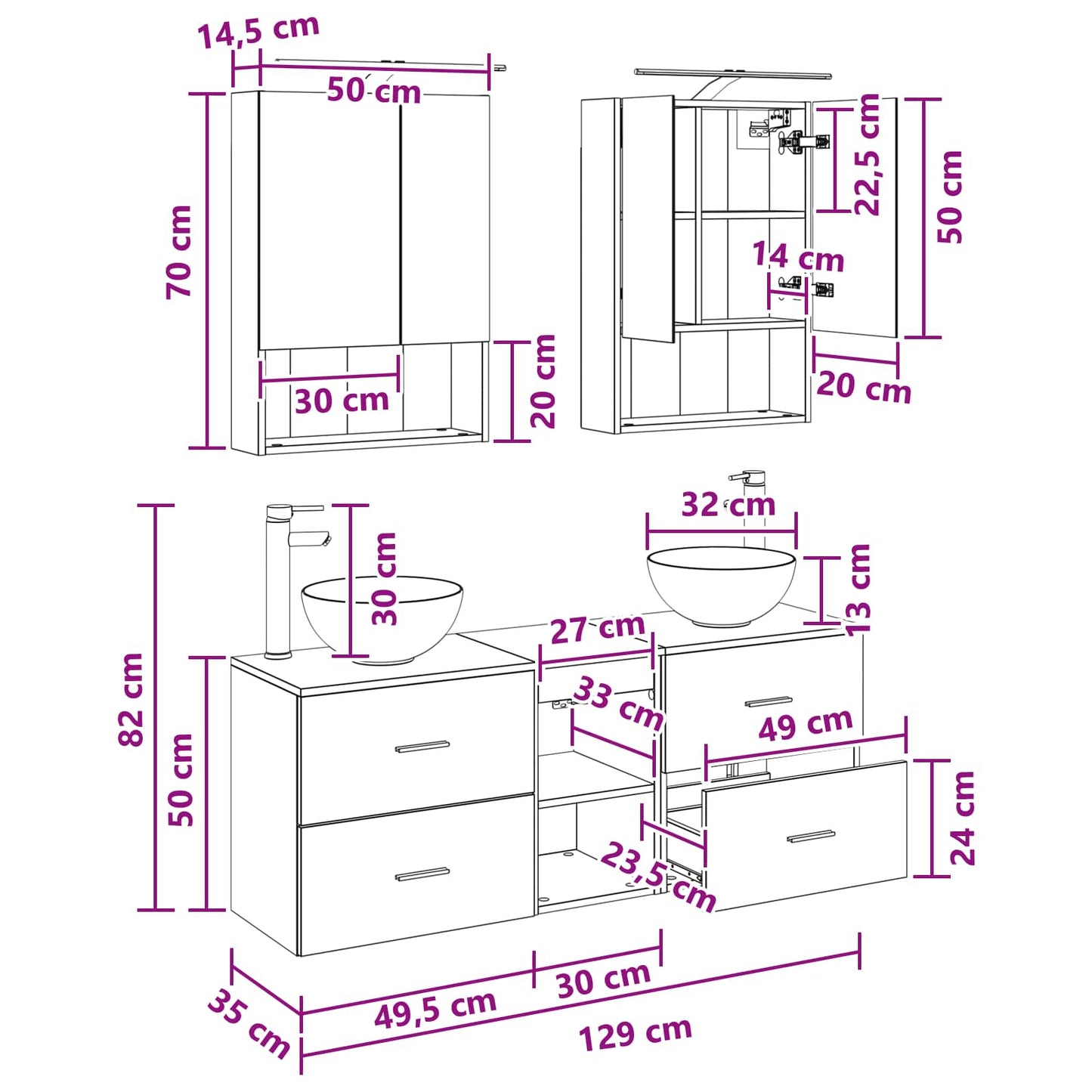 Bathroom Cabinet Set 5 pcs Smoked Oak 50 x 14.5 x 70 cm