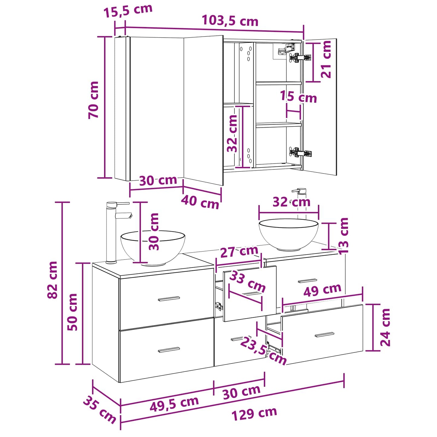Bathroom Furniture Set 4 pcs White Engineered Wood and Glass
