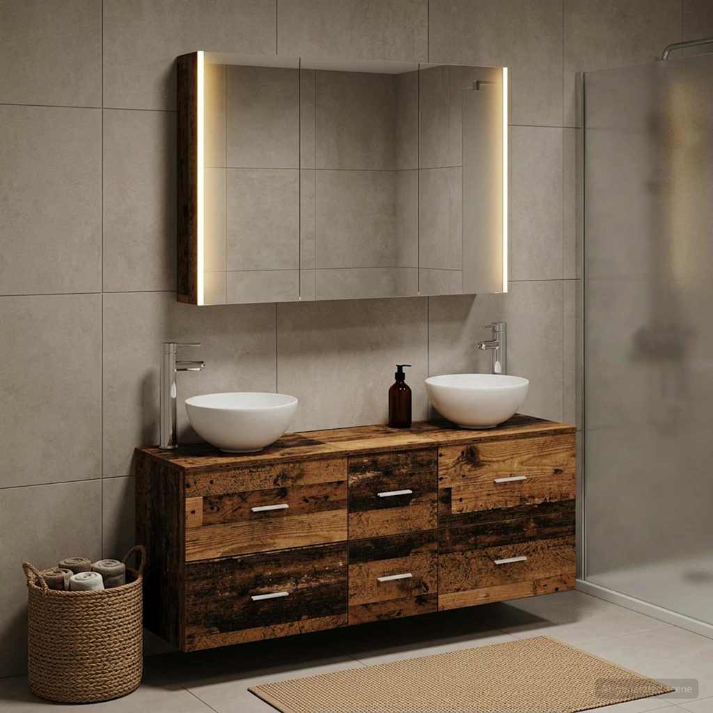 Bathroom Furniture Set 4 pcs Old Wood Engineered Wood and Glass