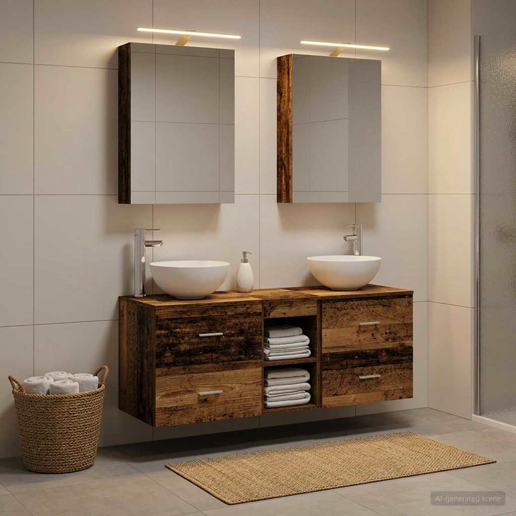 Bathroom Furniture Set 5 pcs Old Wood Engineered Wood and Glass