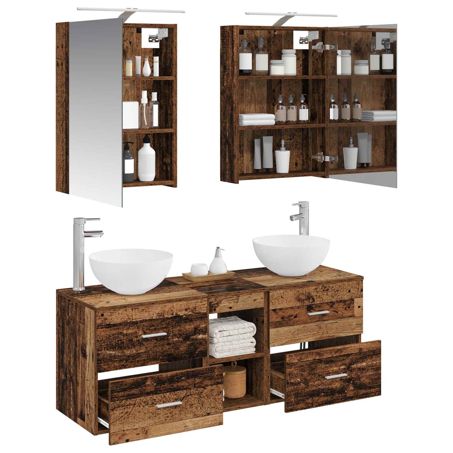Bathroom Furniture Set 5 pcs Old Wood Engineered Wood and Glass
