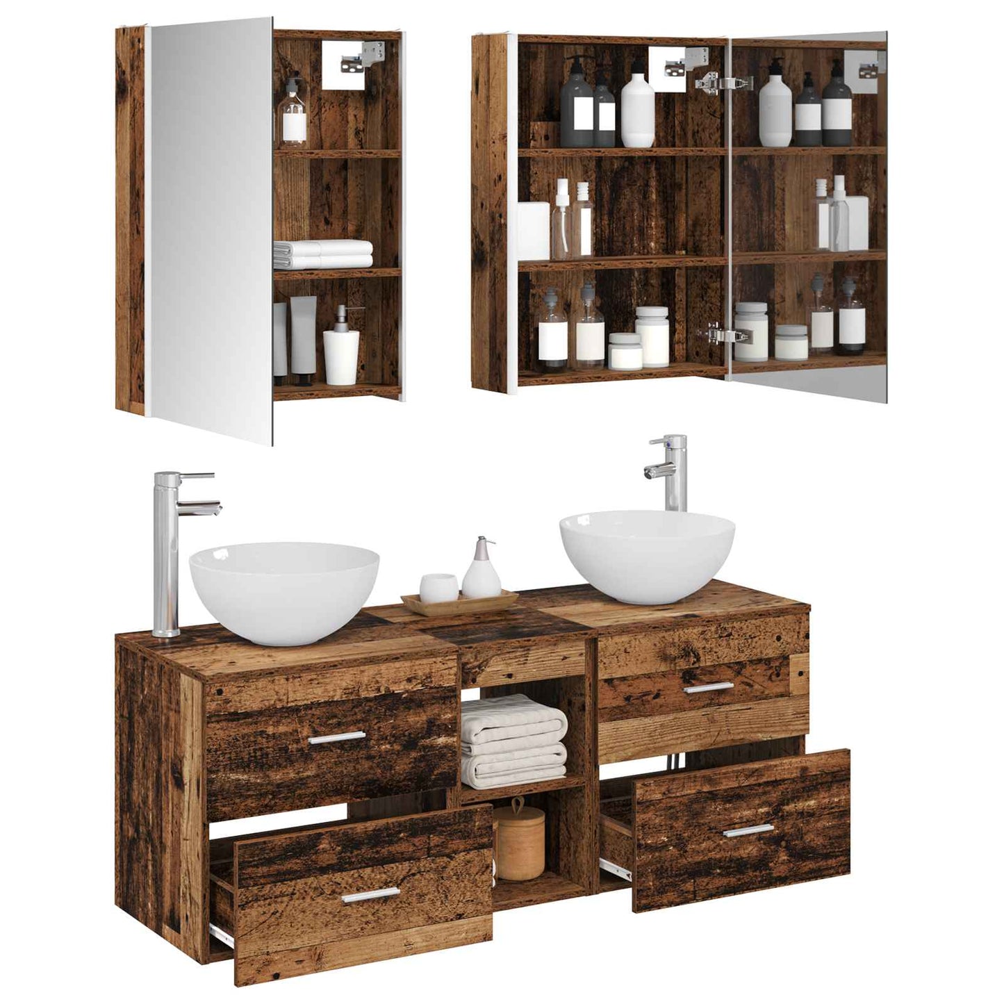 Bathroom Furniture Set 5 pcs Old Wood Engineered Wood and Glass