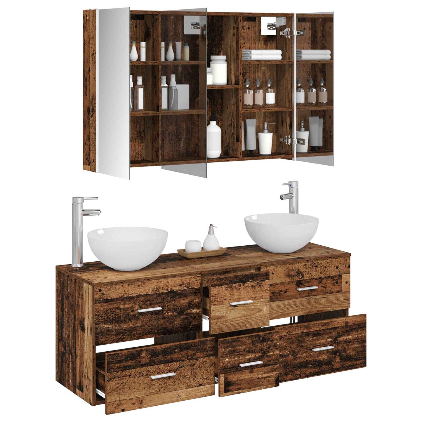 Bathroom Furniture Set 4 pcs Old Wood Engineered Wood and Glass