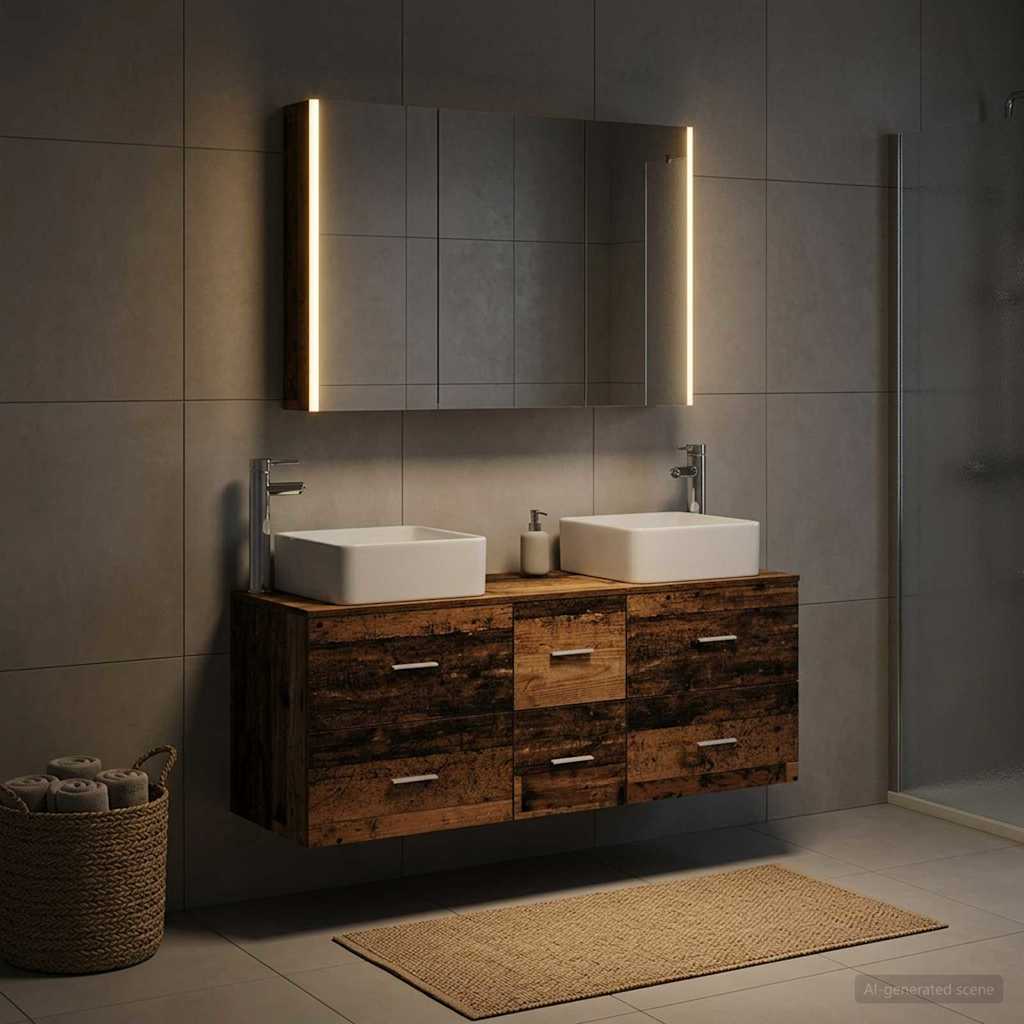 Bathroom Furniture Set 4 pcs Old Wood Engineered Wood and Glass