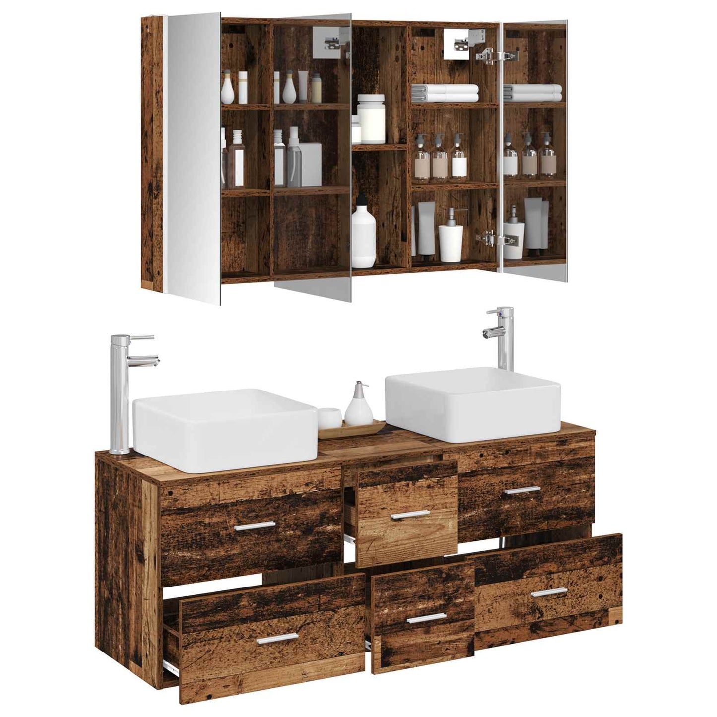 Bathroom Furniture Set 4 pcs Old Wood Engineered Wood and Glass