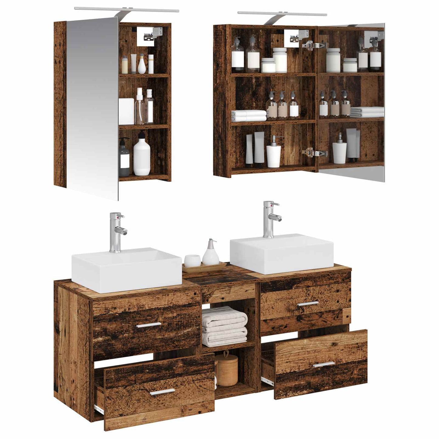 Bathroom Furniture Set 5 pcs Old Wood Engineered Wood and Glass