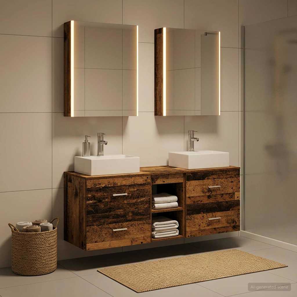 Bathroom Furniture Set 5 pcs Old Wood Engineered Wood and Glass