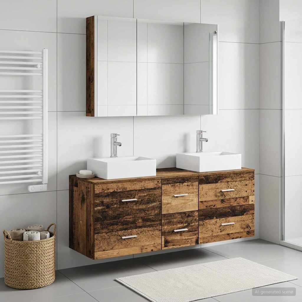 Bathroom Furniture Set 4 pcs Old Wood Engineered Wood and Glass
