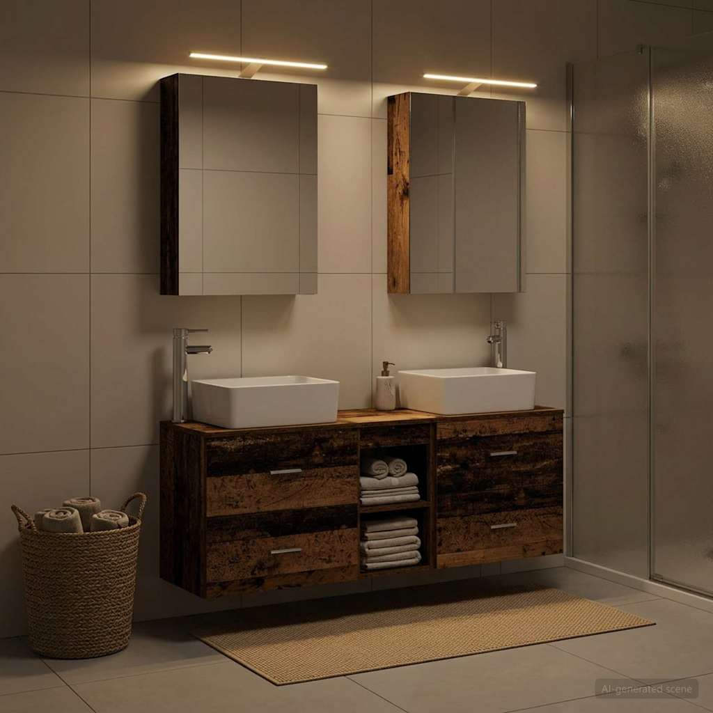 Bathroom Furniture Set 5 pcs Old Wood Engineered Wood and Glass