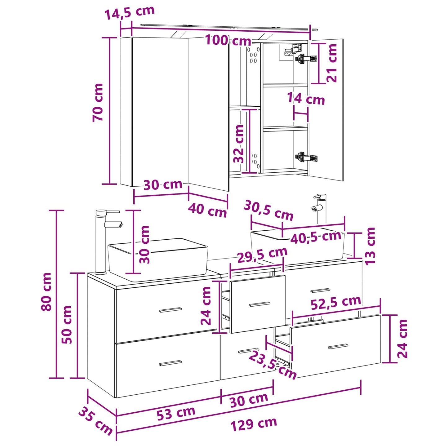 Bathroom Furniture Set 4 pcs White Engineered Wood and Glass