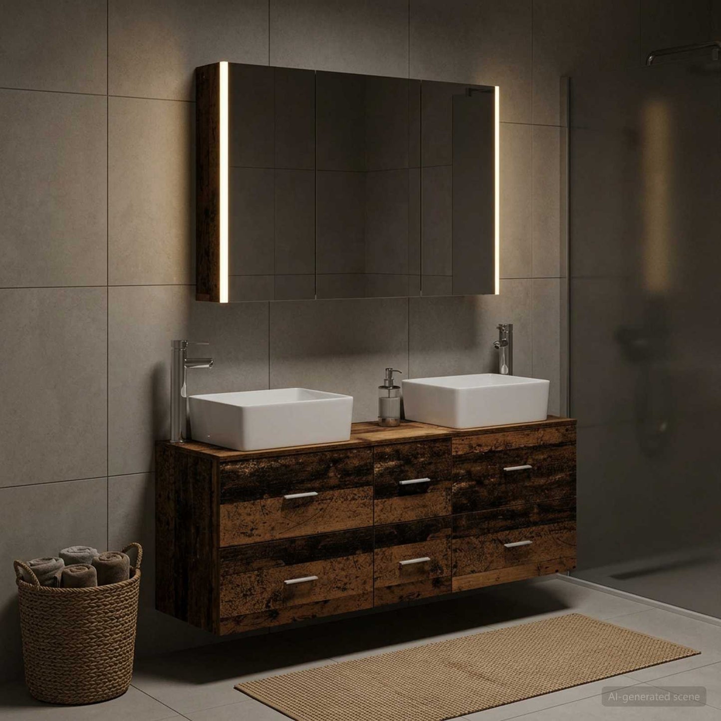 Bathroom Furniture Set 4 pcs Old Wood Engineered Wood and Glass