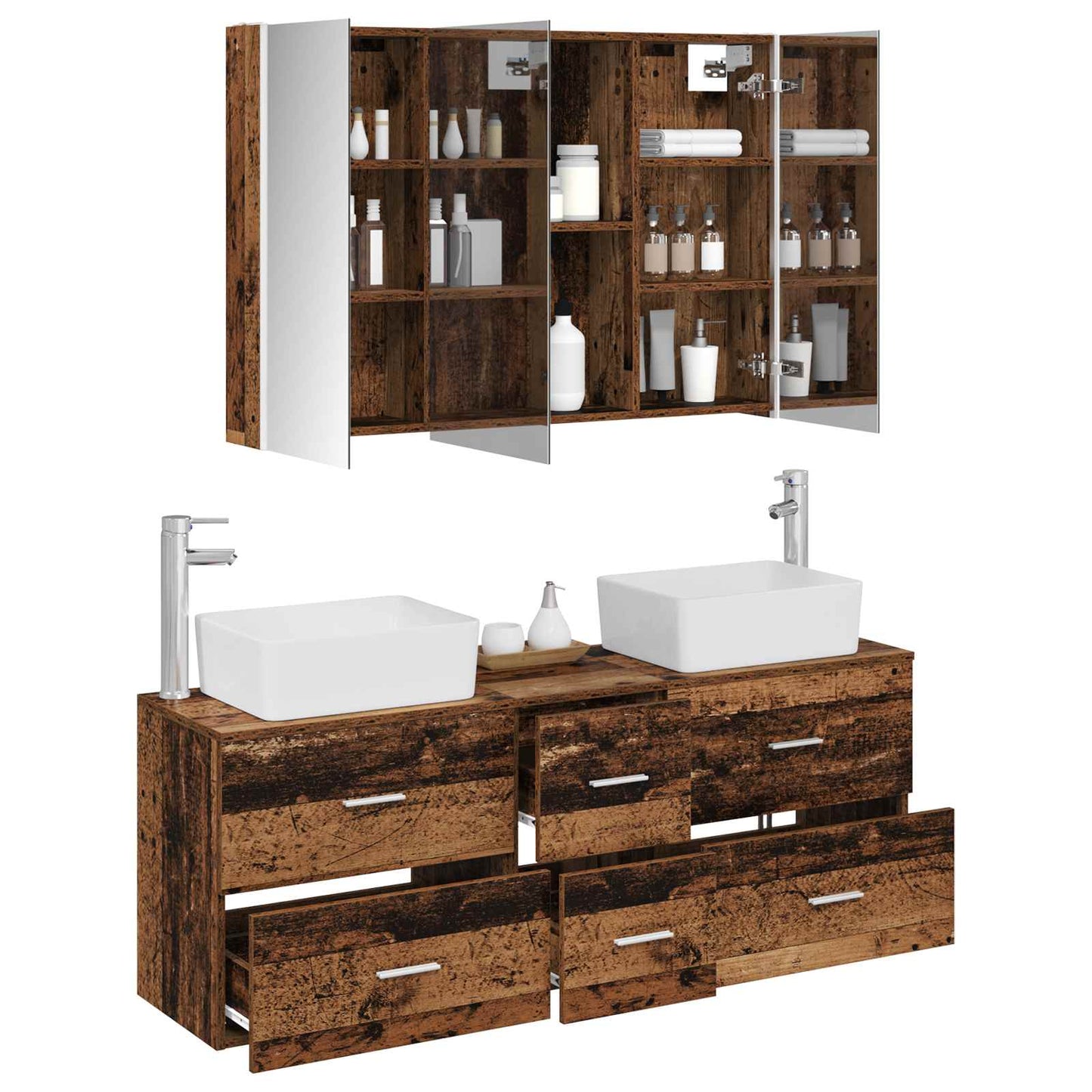 Bathroom Furniture Set 4 pcs Old Wood Engineered Wood and Glass