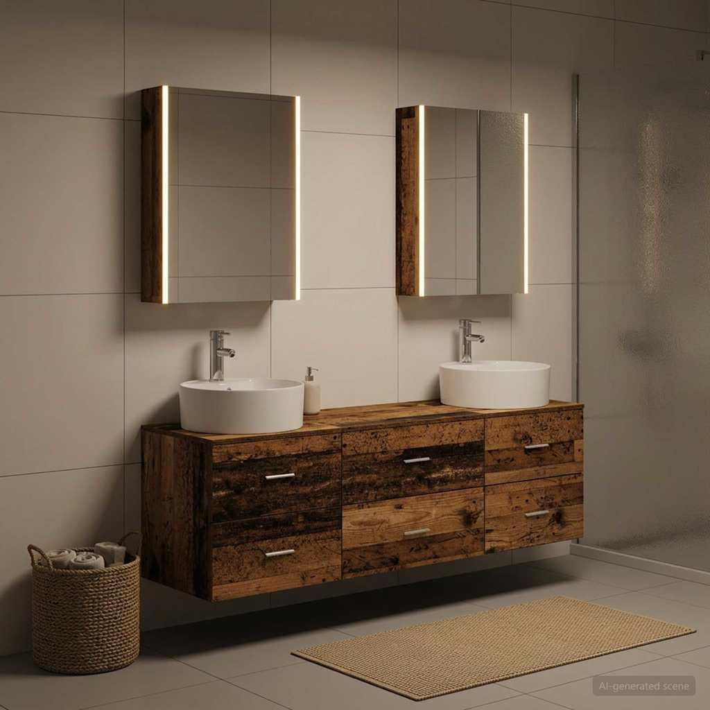 Bathroom Furniture Set 5 pcs Old Wood Engineered Wood and Glass