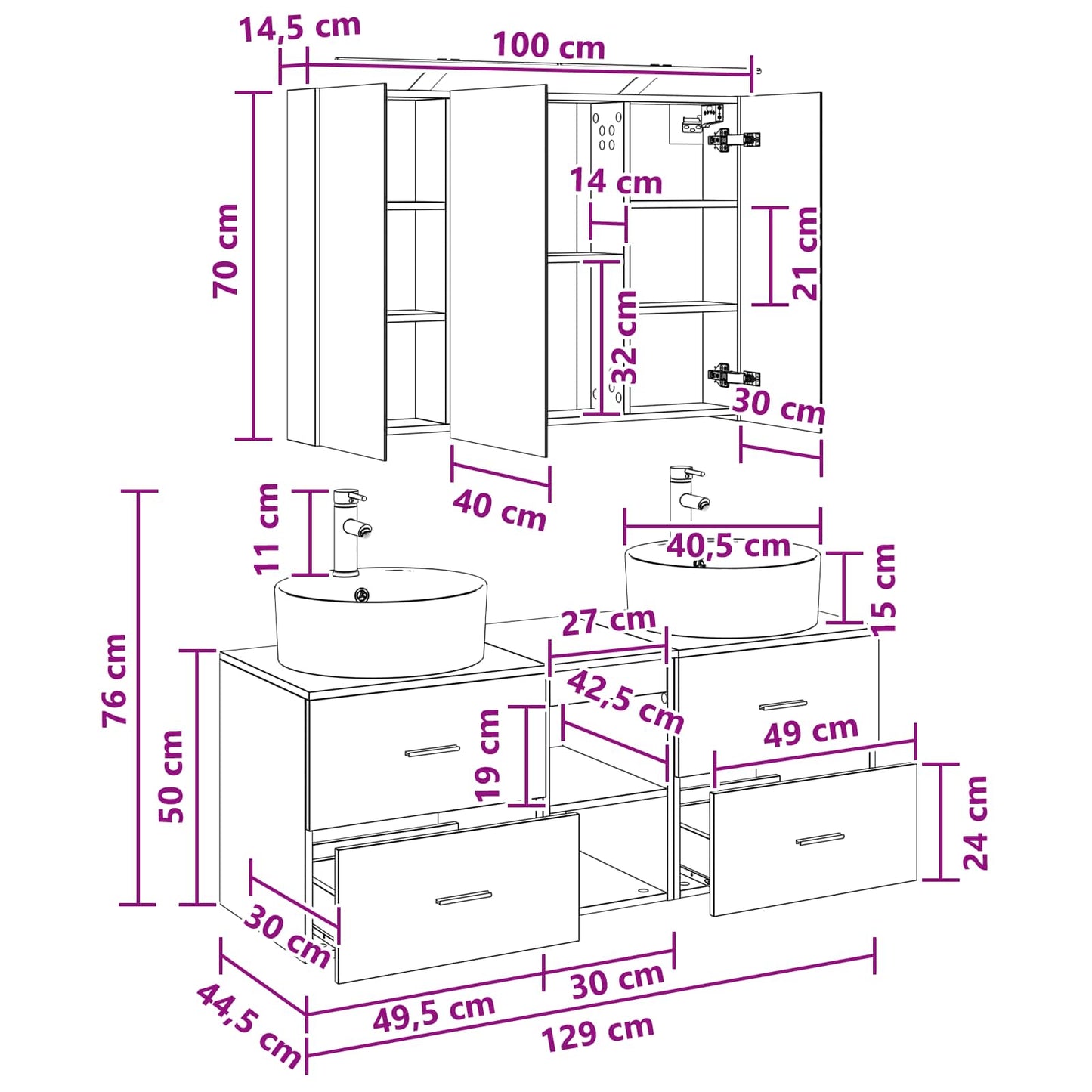 Bathroom Furniture Set 4 pcs White Engineered Wood and Glass