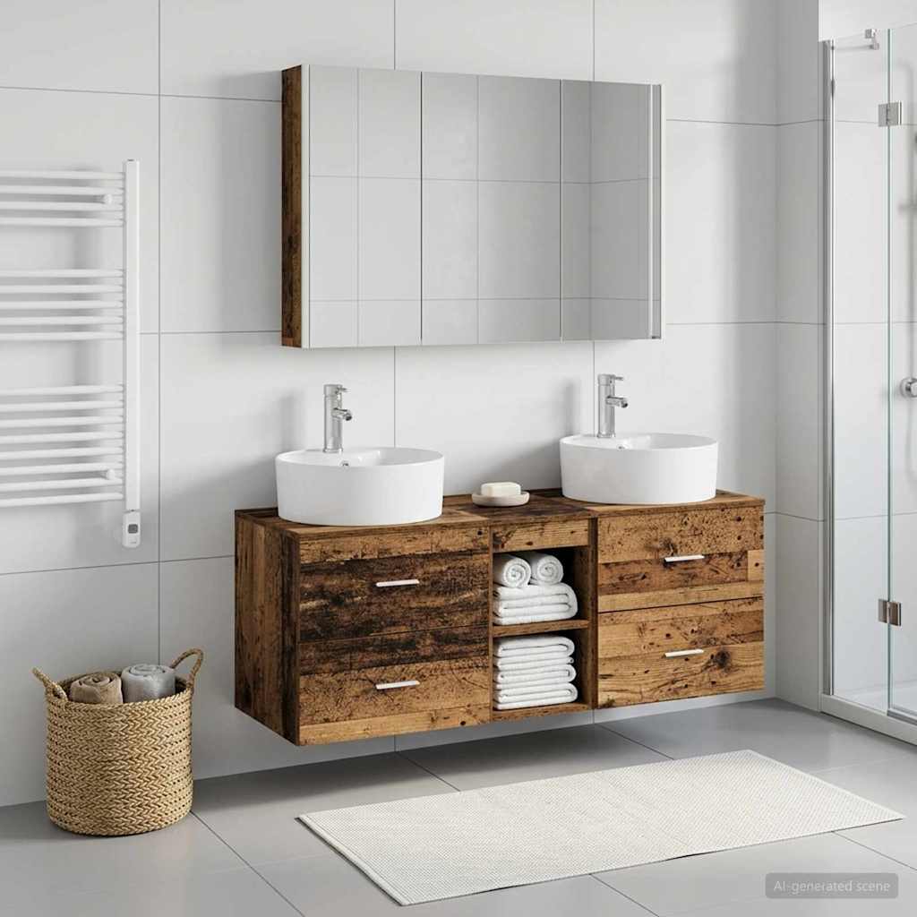Bathroom Furniture Set 4 pcs Old Wood Engineered Wood and Glass