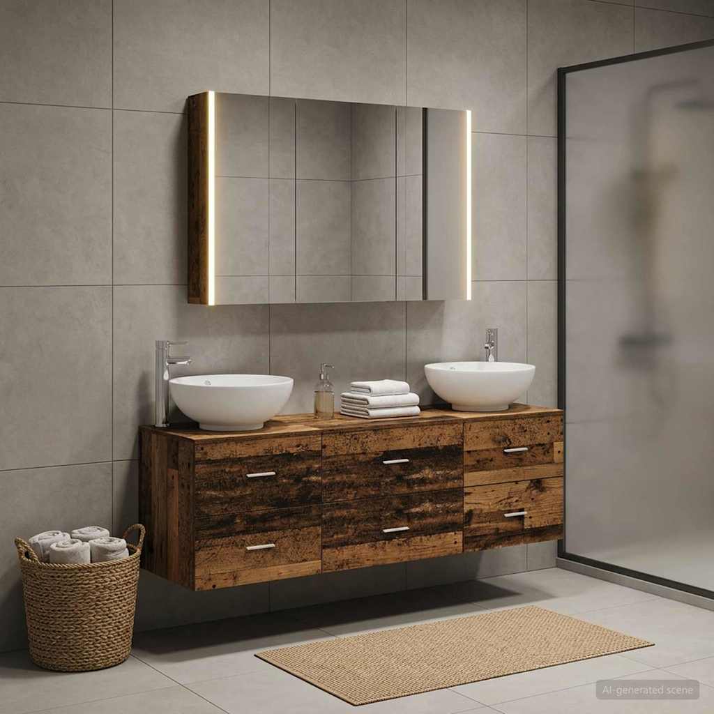 Bathroom Furniture Set 4 pcs Old Wood Engineered Wood and Glass
