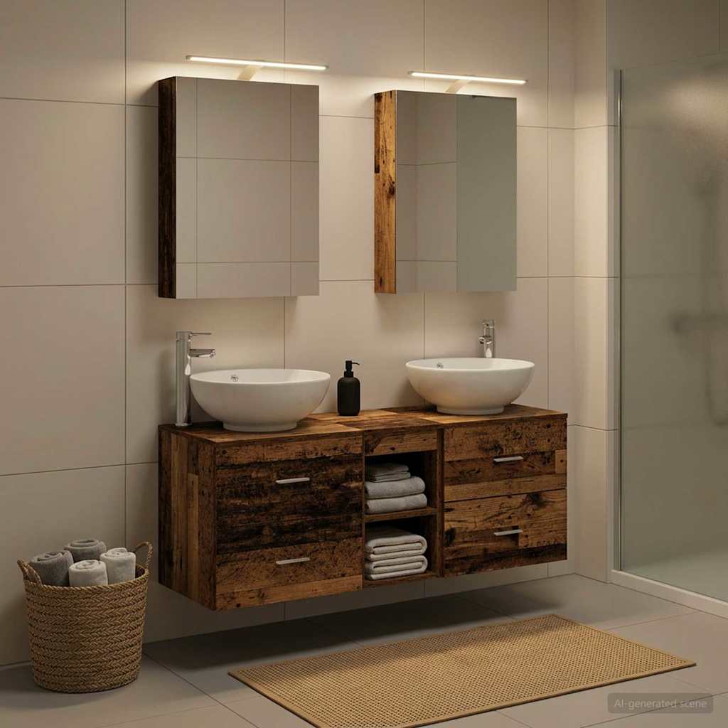 Bathroom Furniture Set 5 pcs Old Wood Engineered Wood and Glass