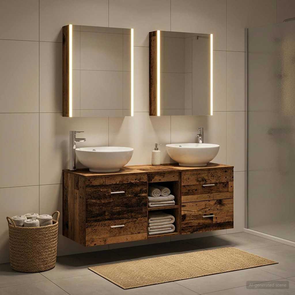 Bathroom Furniture Set 5 pcs Old Wood Engineered Wood and Glass