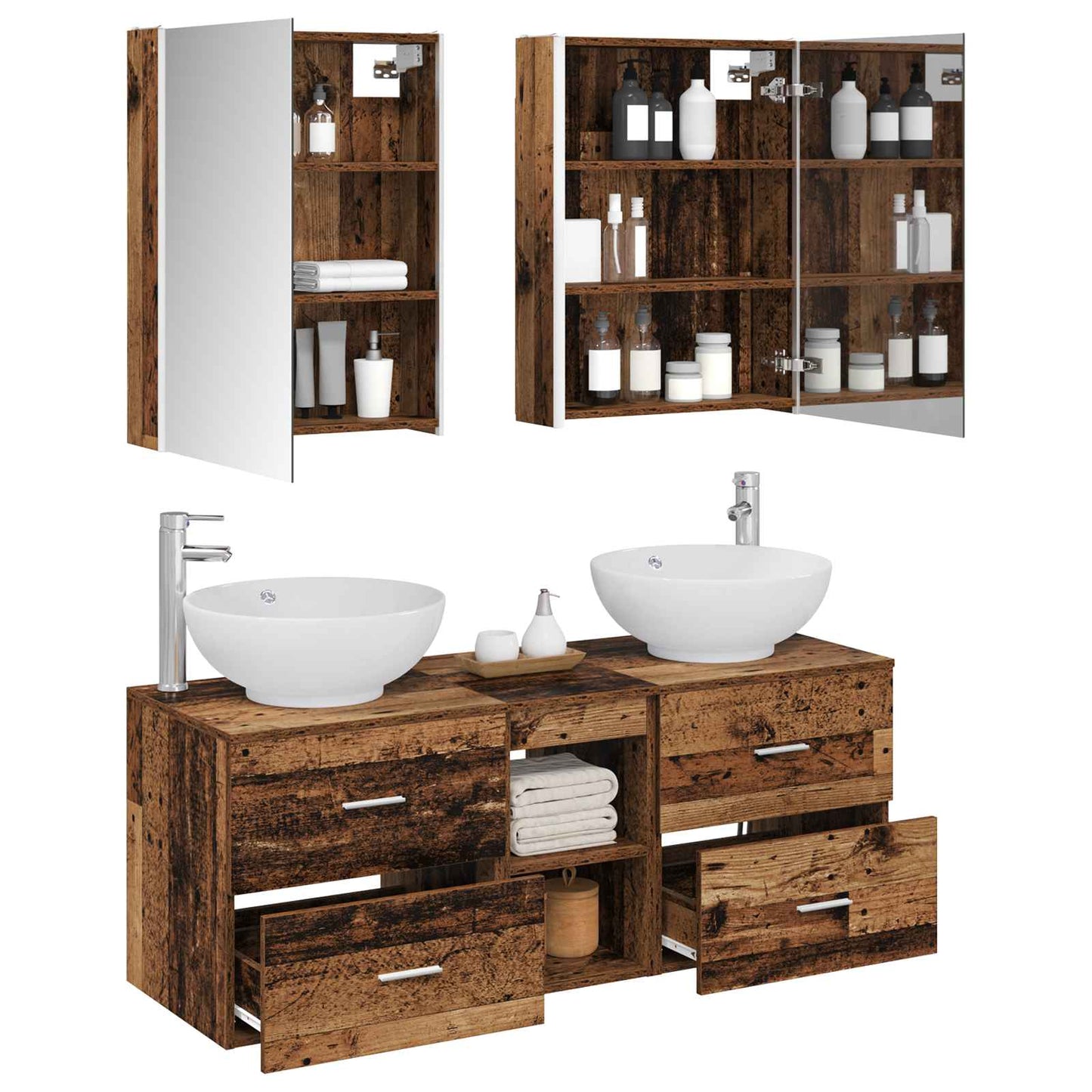 Bathroom Furniture Set 5 pcs Old Wood Engineered Wood and Glass
