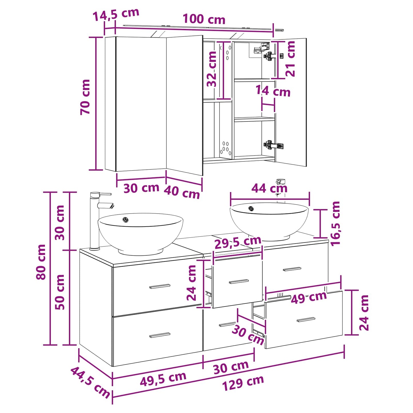 Bathroom Furniture Set 4 pcs White Engineered Wood and Glass