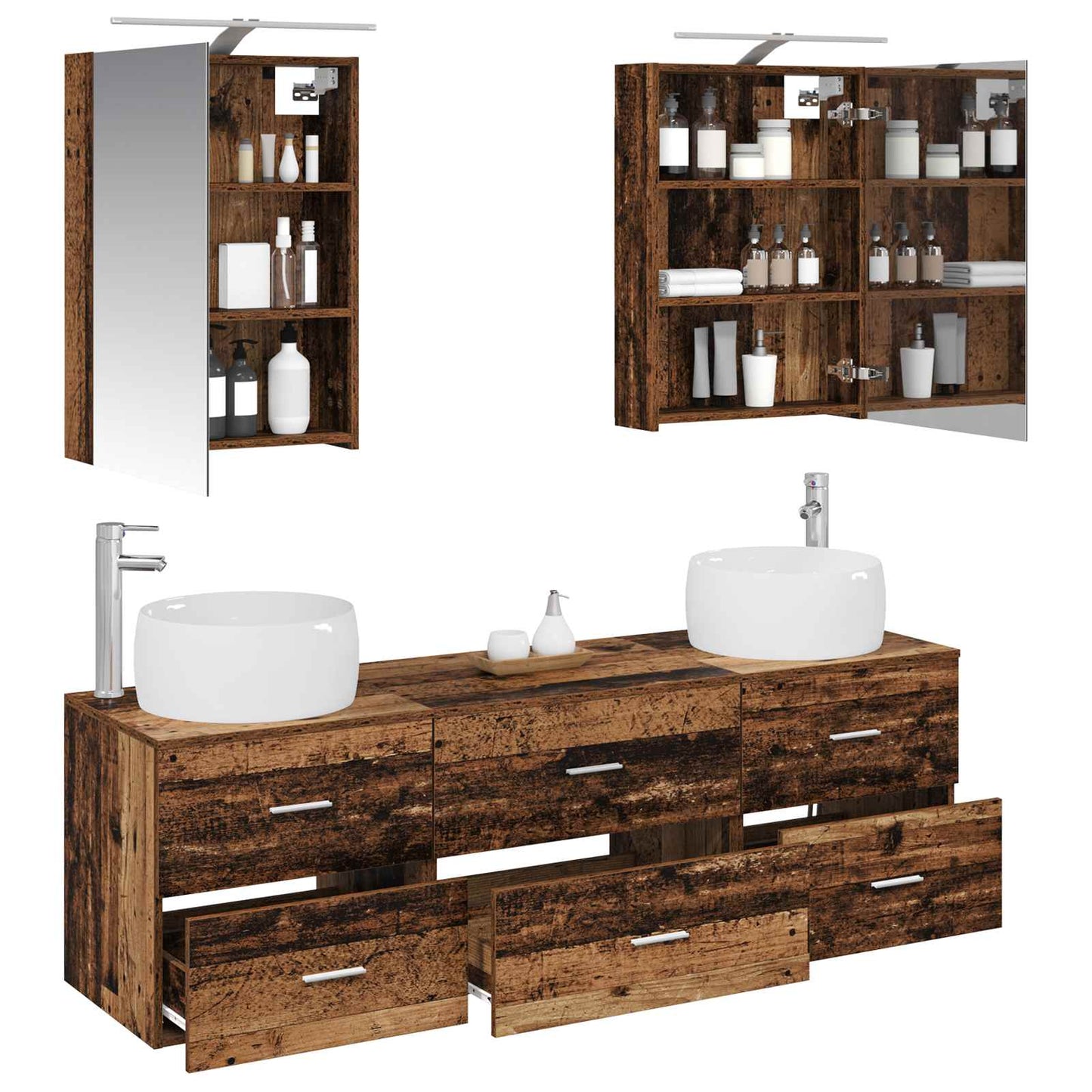 Bathroom Furniture Set 5 pcs Old Wood Engineered Wood and Glass