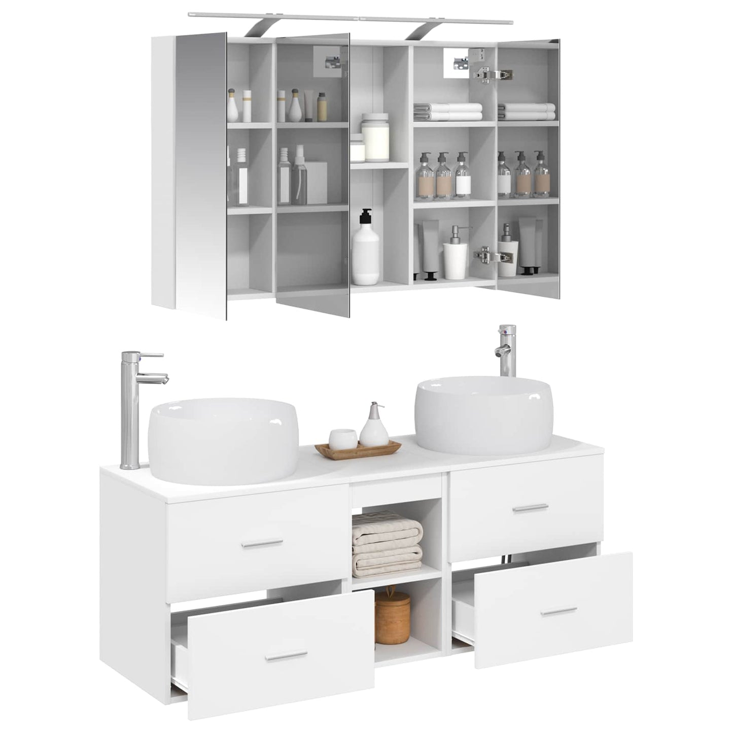 Bathroom Furniture Set 4 pcs White Engineered Wood and Glass